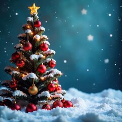 Snow-covered Christmas tree with ornaments and lights, presents, branches