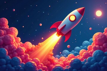 Fototapeta premium Colorful rocket blasting off with financial chart , colorful chart and rocket launch, rocket financial chart