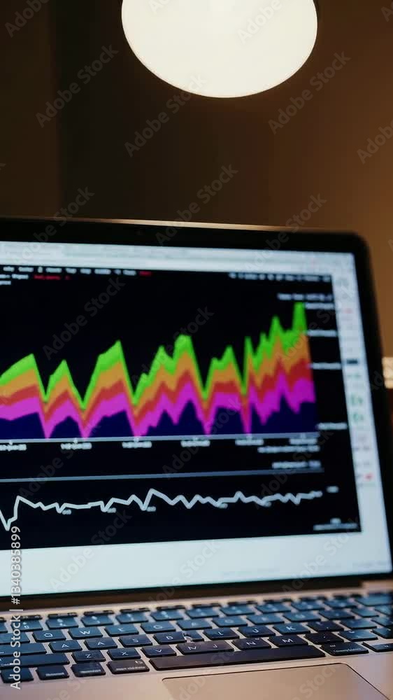 Poster dynamic financial graph animation on laptop screen under desk lamp