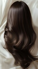 Naklejka premium Beautiful model girl with Brown hair strand,silky healthy chestnut wavy hair strand,hair wavy ribbon, with smooth,Keratin straightening,Treatment,straight long hair,procedures,Smooth hairstyle.