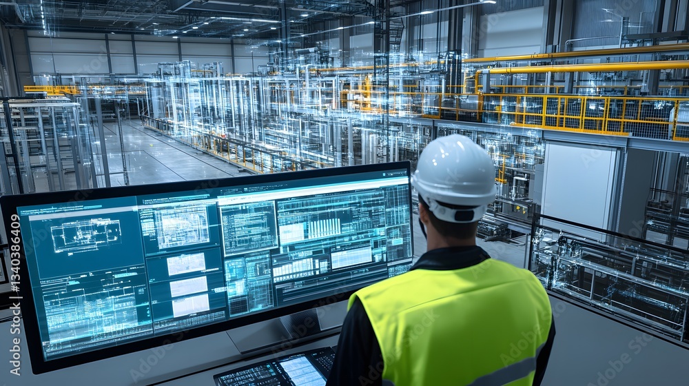 Poster a man in a yellow vest is looking at a computer monitor in a factory. the monitor displays a complex