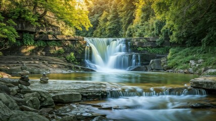 Obraz premium Tranquil Forest Waterfall with Flowing Mist