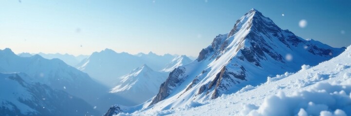 Snowflakes gently falling on a frozen mountain peak, peak, peaceful, frozen