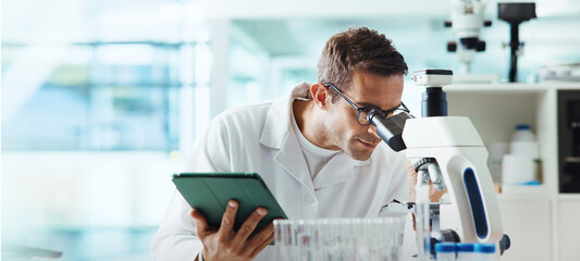 Man, microscope and tablet for results in lab for medical study with container, review and vaccine...