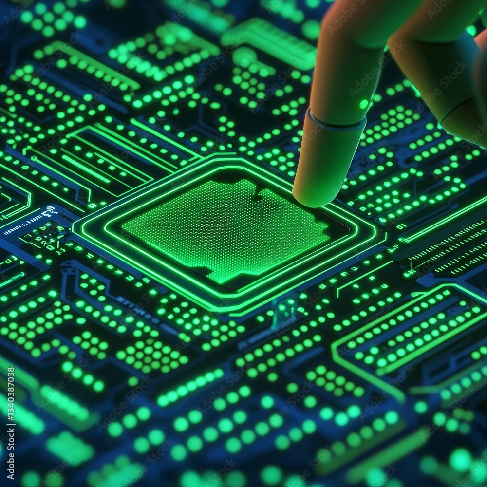 Poster reducing carbon footprint lifestyle concept. close-up of a hand interacting with a glowing circuit b