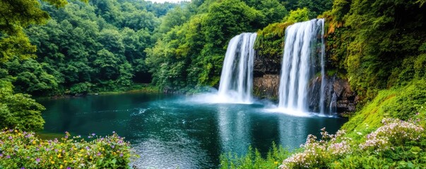 Naklejka premium Waterfall landscapes concept. Serene waterfall cascading into a tranquil lake surrounded by lush greenery.