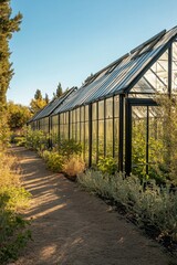 Obraz premium Serene Greenhouse Garden Path at Sunset