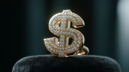 Obraz premium Golden Dollar Sign Ring: A close-up shot of a radiant gold ring in the shape of a dollar sign, encrusted with sparkling gemstones, displayed on a luxurious dark velvet surface.