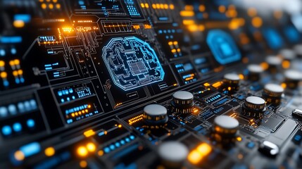 Futuristic digital circuit board with glowing components.