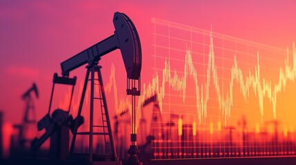A vibrant sunset highlighting an oil pump jack with a fluctuating graph overlay, symbolizing the dynamic energy sector.