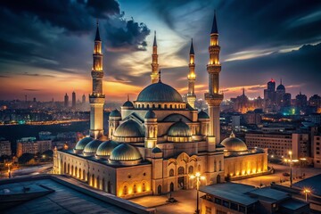Obraz premium Majestic Mosque Illuminates Night City Skyline - Urban Exploration Photography
