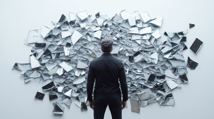 Contemplation: A solitary figure, viewed from the back, stands before a large collection of broken glass or mirrors. The scene provokes introspection and the idea of fragmentation.