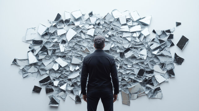 Contemplation: A solitary figure, viewed from the back, stands before a large collection of broken glass or mirrors. The scene provokes introspection and the idea of fragmentation.