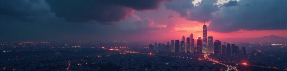 Fototapeta premium Dark grey to charcoal gradient background with a futuristic cityscape at dusk, abstract, modernity