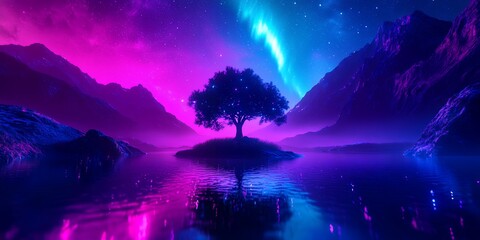 Surreal Night Landscape Glowing Tree on Island Lake Under Neon Sky and Mountains