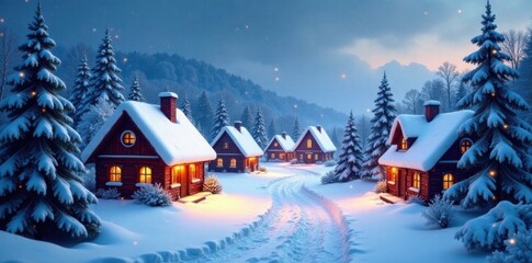 Snowy village scene with festive houses and trees, winter, trees
