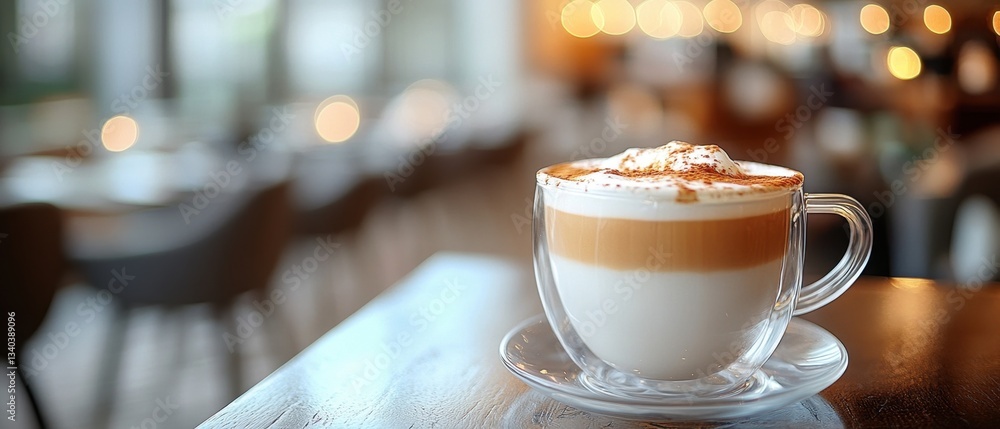 Poster delicious layered latte with cinnamon dusting on a wooden table in a cozy cafe setting with bokeh li