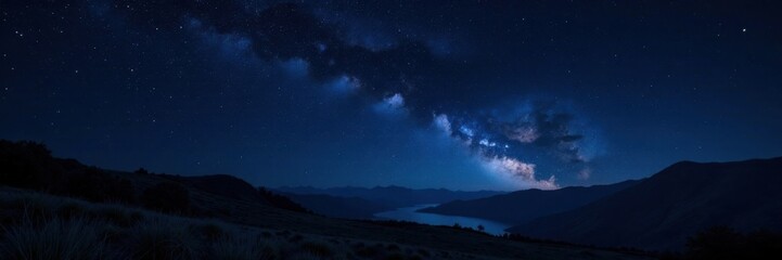 Fototapeta premium Dark night sky with twinkling stars on black canvas, stars, space, night