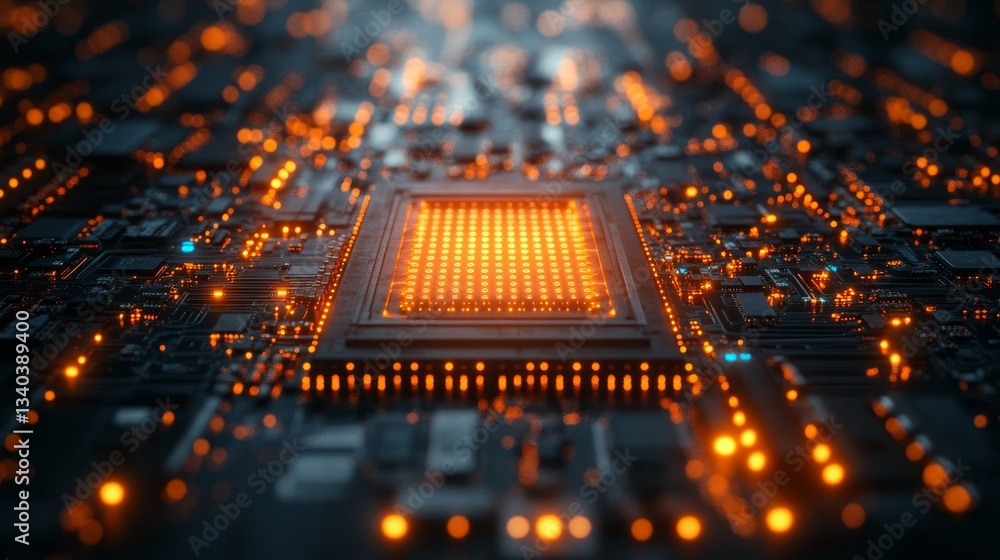 Aufkleber futuristic glowing microchip with orange lights on circuit board. technology innovation.