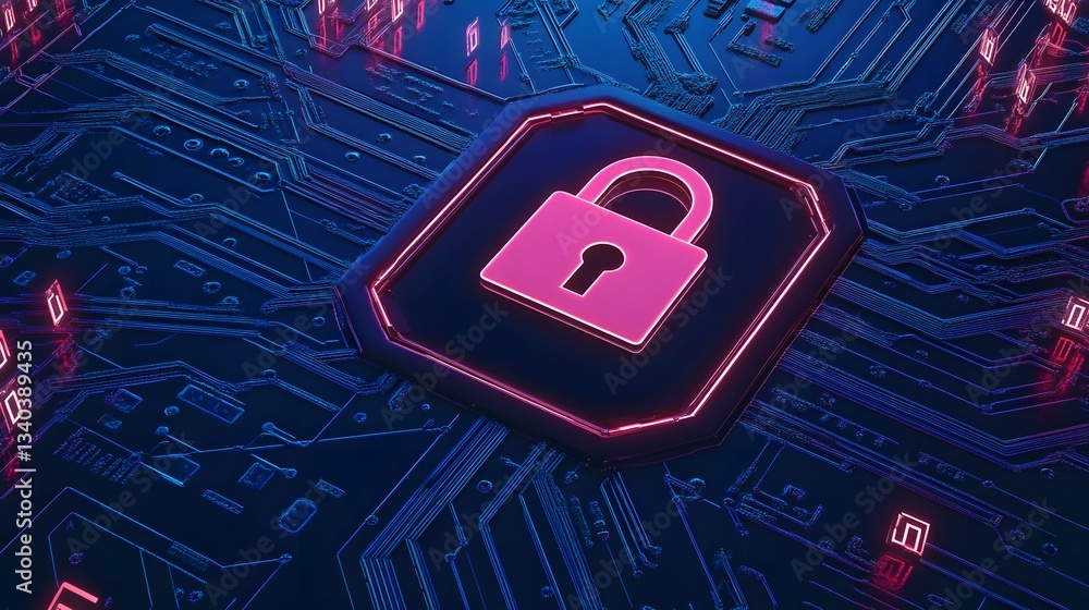 Poster a computer chip with a red lock on it. the lock is surrounded by a blue background. concept of secur