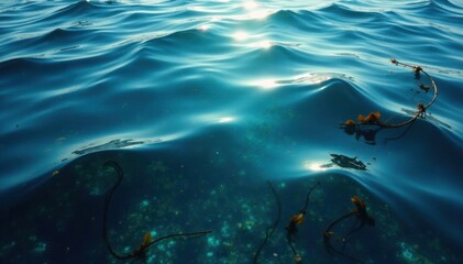 Fototapeta premium Dark blue ocean surface reflection with seaweed swaying gently in the water, underwater ocean scene blue,