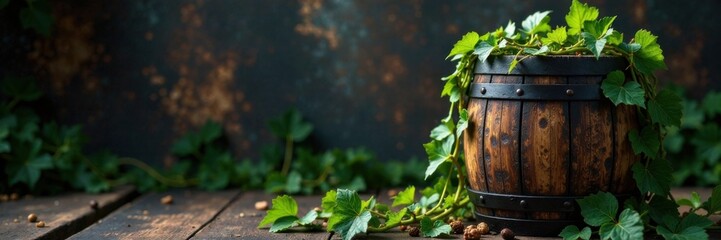 Dark wooden barrel with vines wrapped around it, forest, furniture
