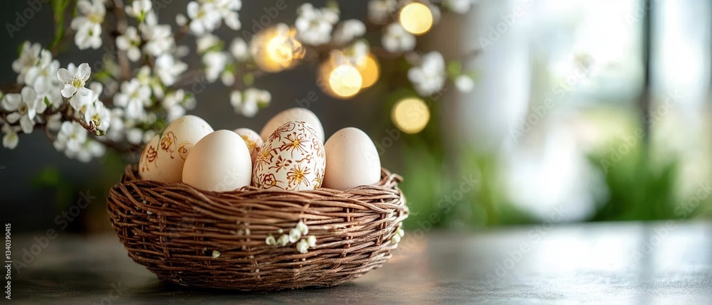 Poster easter eggs in a woven nest adorned with spring blossoms and bokeh lights creating a warm festive at