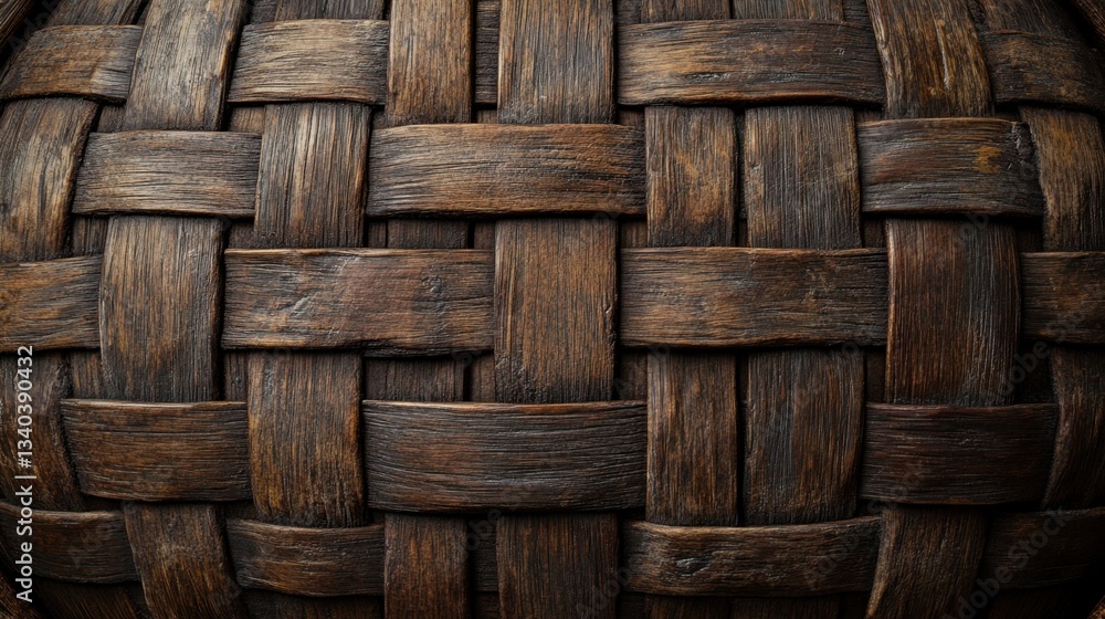 Poster intricate woven pattern of dark brown wood strips creating a textured surface with a rustic and natu