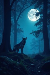 Dark forest landscape with lone wolf howling under moonlight, desolate, wolf