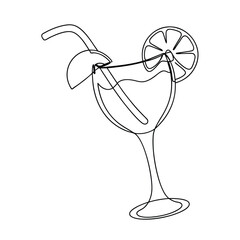 Single line Cocktail Drawing Summer Drink, Citrus Garnish, Straw