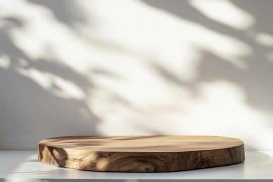 Empty minimal natural wooden table counter podium, beautiful wood grain in sunlight, shadow on white wall for luxury cosmetic, skincare, beauty treatment, decoration product display background 