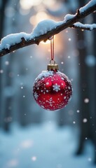 Decorative ball hanging from a branch in a winter forest, snowflakes falling around it, forest, Winter, ornaments