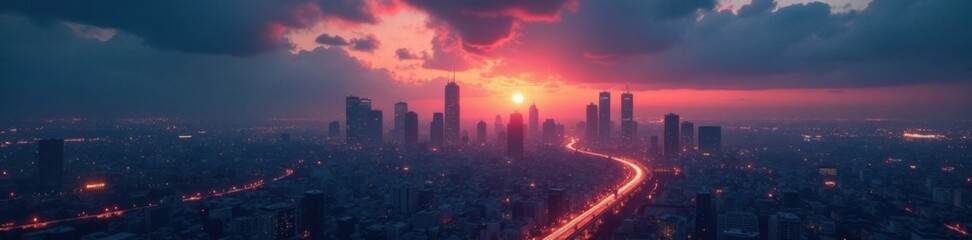 Dark grey to charcoal gradient background with a futuristic cityscape at dusk, skyscrapers, contemporary, sleek