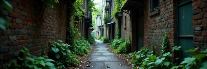 Dark gritty urban alleyway with worn brick walls and overgrown plants , grunge, texture, cityscape