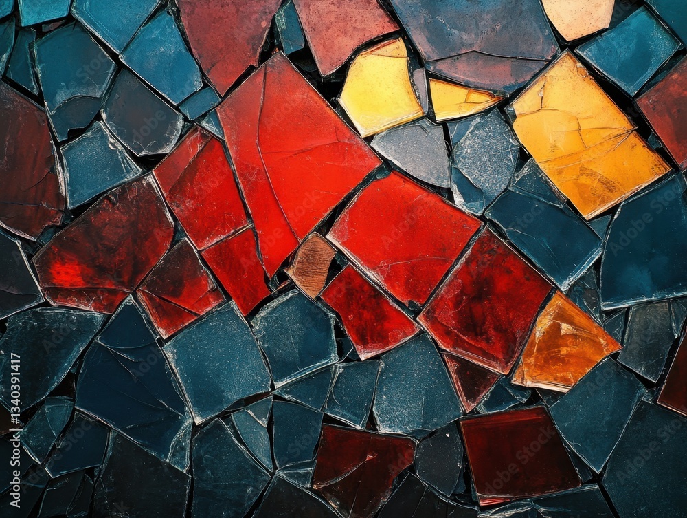 Poster abstract mosaic of vibrant glass shards in red blue and yellow tones creating a textured surface wit