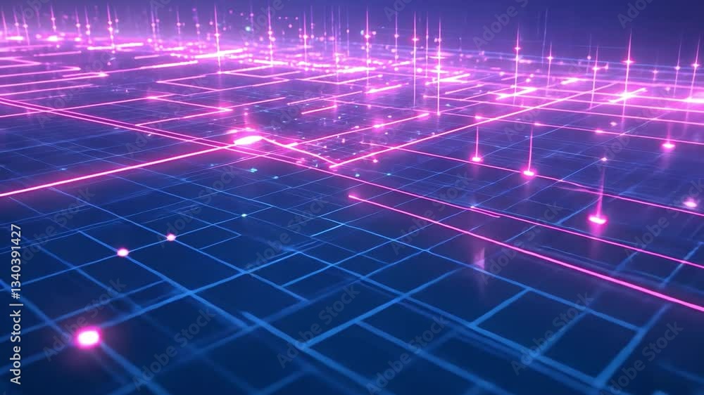 Poster cybernetic grid: a mesmerizing digital landscape of interconnected lines and glowing nodes pulses wi
