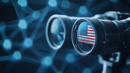 Binoculars in a Network: A dramatic close-up view of binoculars revealing the flag of the United States, against a backdrop of interconnected digital lines.