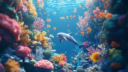 Fototapeta premium A beautiful dolphin swims through a vibrant coral reef environment
