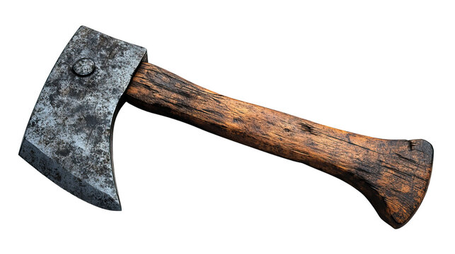 Old rusty axe with a sharp metal blade and wooden handle isolated on a white background