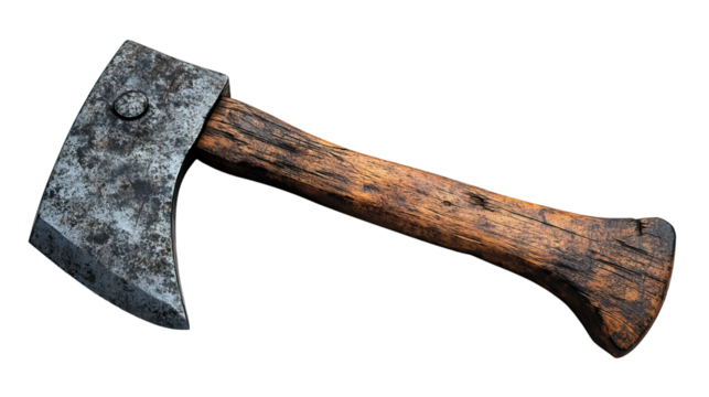 Old rusty axe with a sharp metal blade and wooden handle isolated on a white background