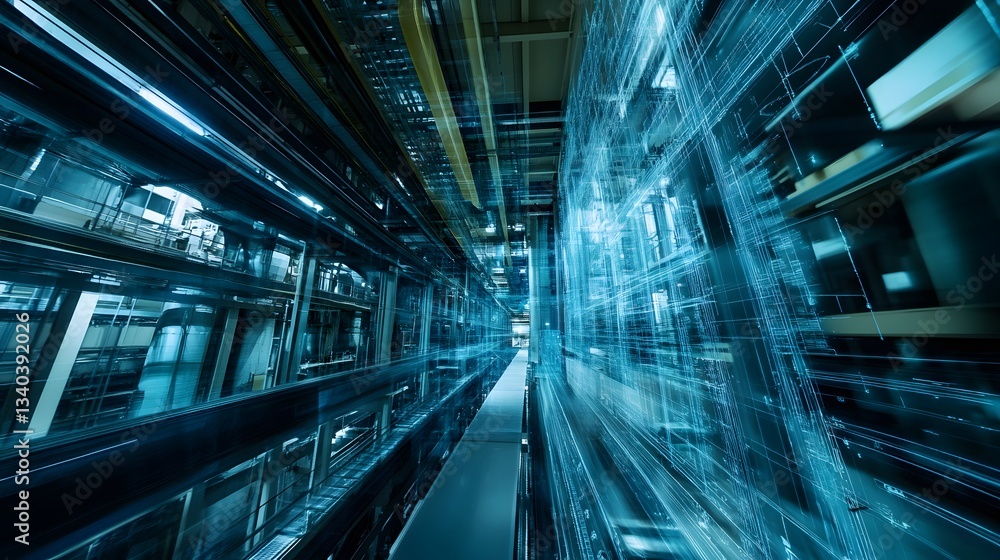 Poster a futuristic, high-tech space with a blue and white color scheme. the space is filled with many diff