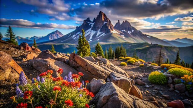 Majestic Mt. Thielsen Peak from Crater Lake, Oregon: Macro View of Volcanic Landscape