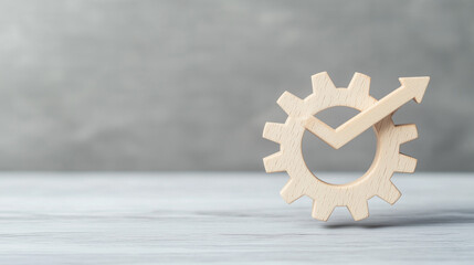 Gears of Progress: A wooden gear with an upward trending arrow suggesting growth and improvement, set against a clean, modern backdrop.