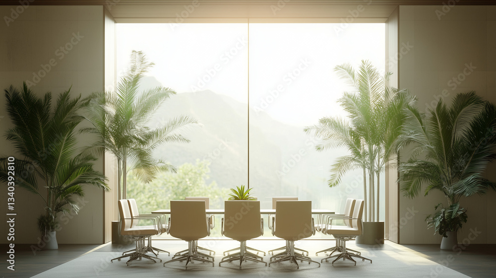 Aufkleber office with a view: a modern office space featuring a large window with beautiful natural view in a 