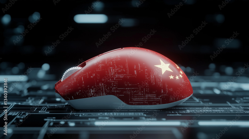 Poster digital navigation: a computer mouse, adorned with a country flag, rests on a digital circuit board,