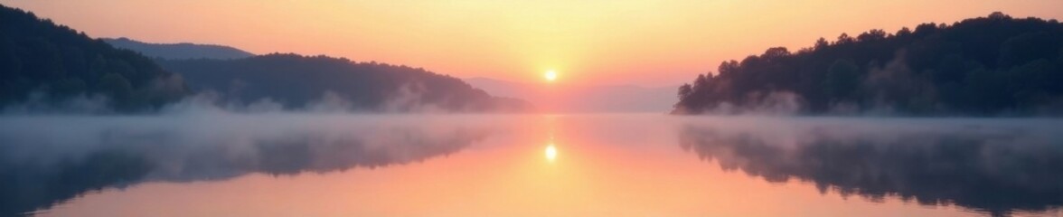 Fototapeta premium Softly glowing mist rises from a serene lake at dawn, soft, light blue abstract background