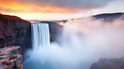 Fototapeta premium Waterfall landscapes concept. A breathtaking sunset view of a waterfall surrounded by mist and stunning rock formations.