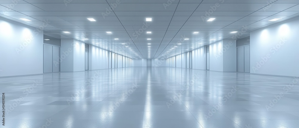 Poster vast and pristine empty office space illuminated by bright ceiling lights creating a sense of cleanl