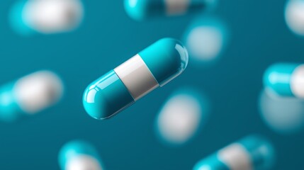 Floating blue capsules against a turquoise background, symbolizing health and medicine in a modern and vibrant style.