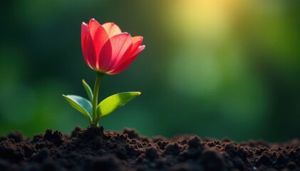 Delicate flower petals unfurl from translucent bulb, as roots grow deep into the earth, innovation, minimalist style